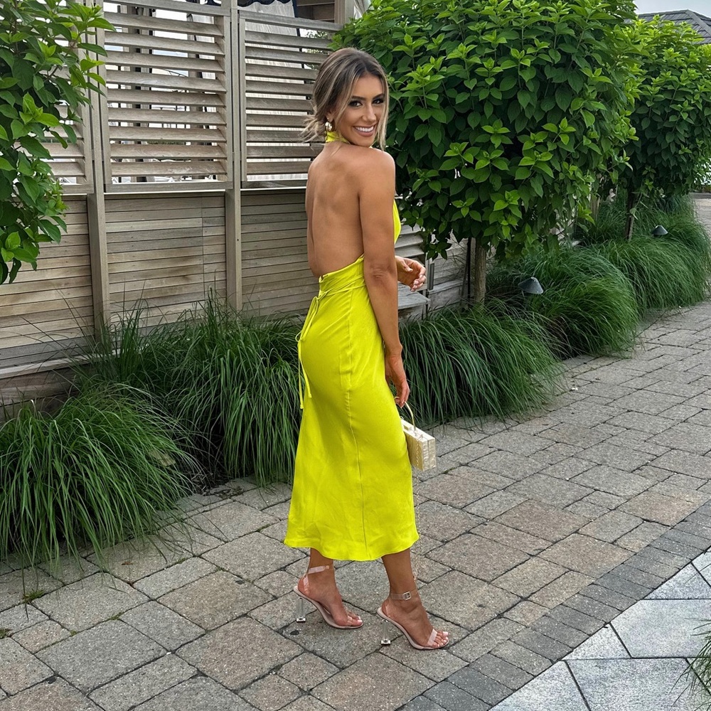 SOLD - ASOS DESIGN cowl neck halter midi with tie wrap waist in lime - Picture 1 of 2